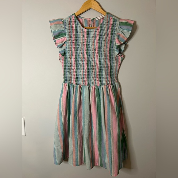 English Factory Smocked Colorful Striped Flutter Sleeve Mini Dress - Picture 2 of 6